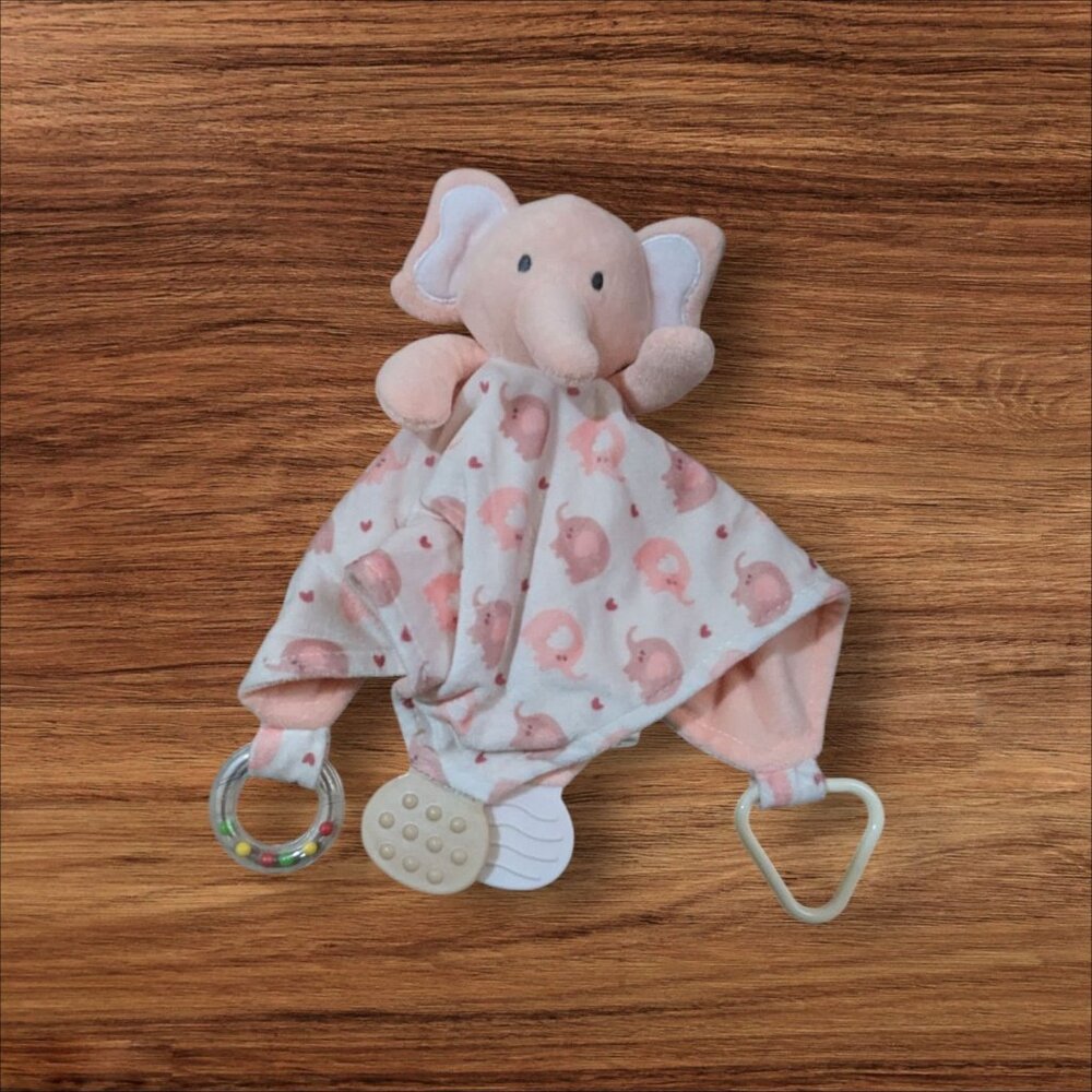 Modern Baby Elephant Security lovey Blanket Teether Toy Pink & White‎ 12"